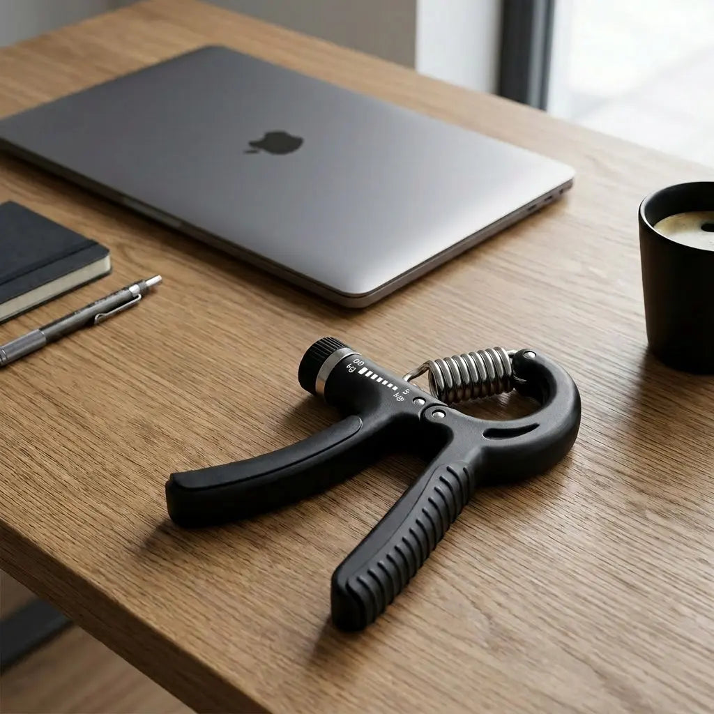 Grip trainer posé sur un bureau, prêt pour une courte séance